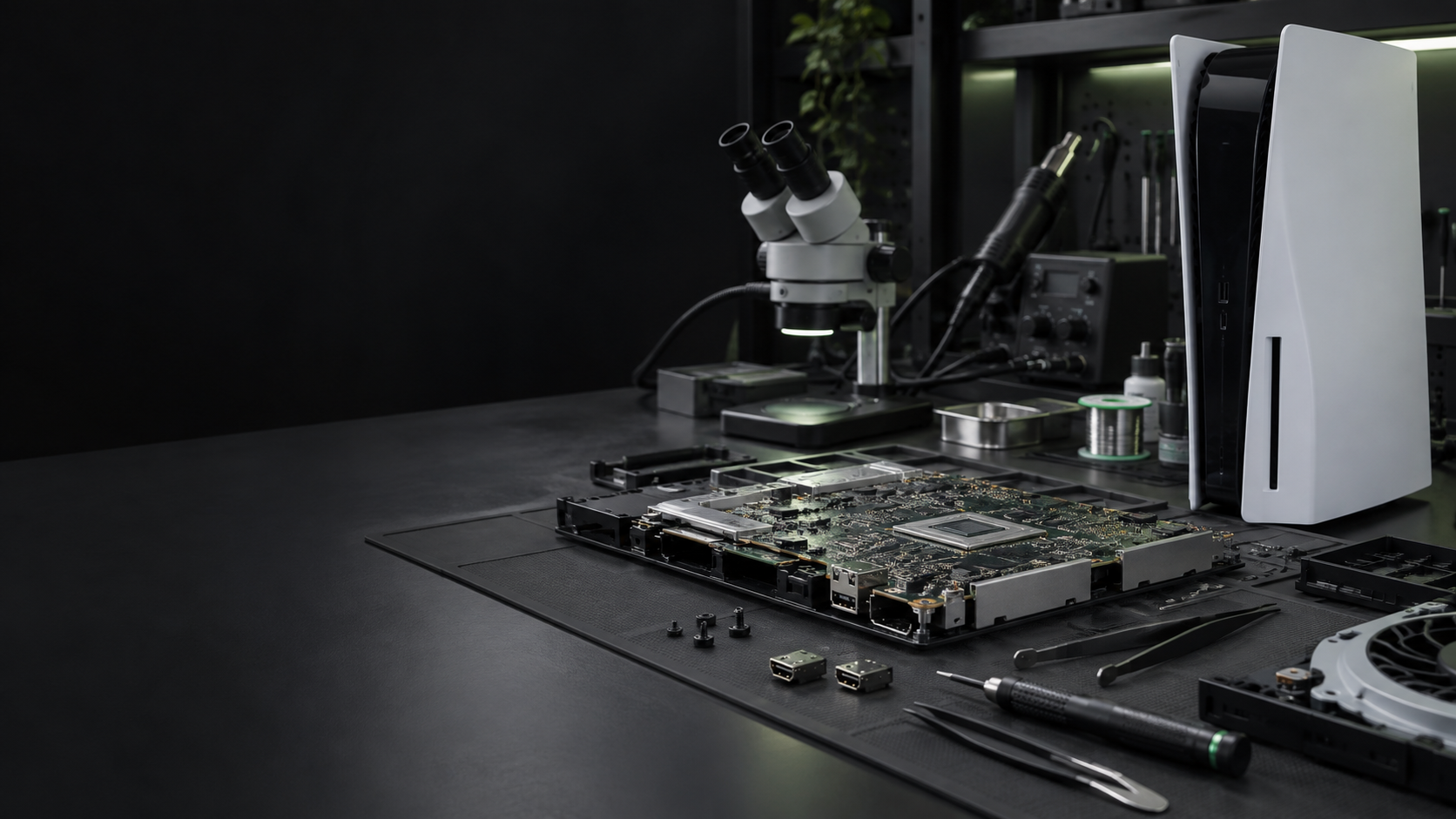 Microscope, carte mère et outillage dans un atelier électronique